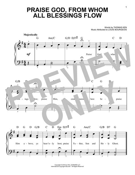 praise god from whom all blessings flow sheet music louis bourgeois easy piano