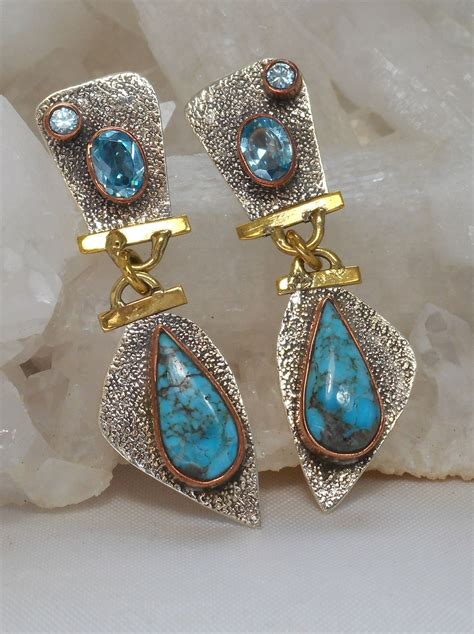 Copper Turquoise Blue And Sterling Earring Set With Blue Topaz