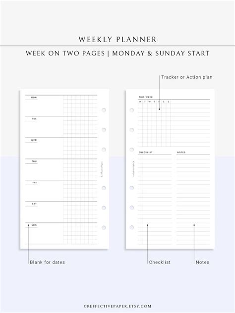 Week On Two Pages Weekly Overview Planner Insert Printable Etsy