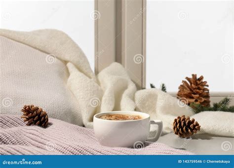 Cup Of Coffee On Windowsill Indoors Winter Drink Stock Photo Image
