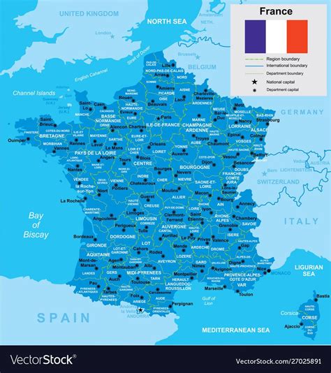 Map Of France With Borders Of Regions And Flag In Blue Tones Map