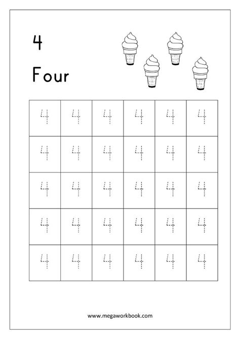 The Number Four Worksheet With Three Cupcakes On It And Four Numbers