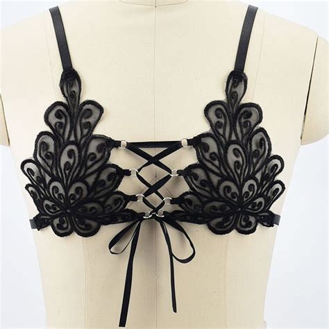 fashion sexy peacock feather embroidery sheer lace splicing bra top with lace up cup body