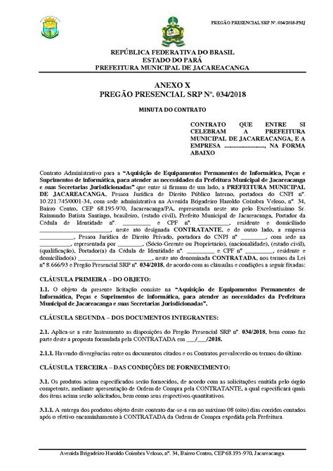Minuta Do Contrato Prefeitura Municipal De Jacareacanga Gestão 2021
