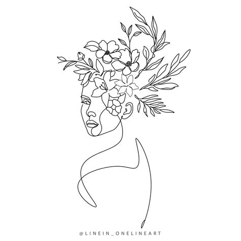 woman with flowers on her head in 2021 line art tattoos abstract face art outline art