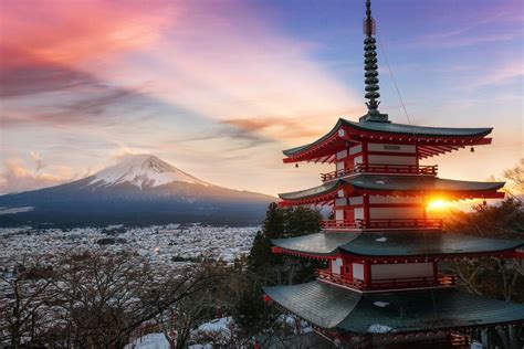 Sunset At The Famous Five Storied Chureito Pagoda On The Mountainside