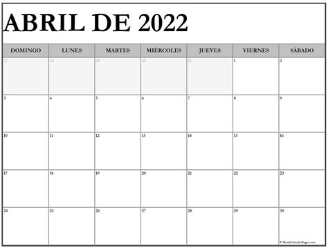 Calendario Abril 2022 Para Imprimir