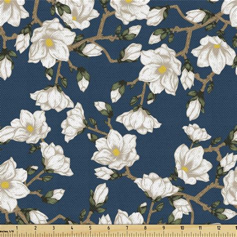 Lunarable Floral Fabric By The Yard Magnolia Blossoms