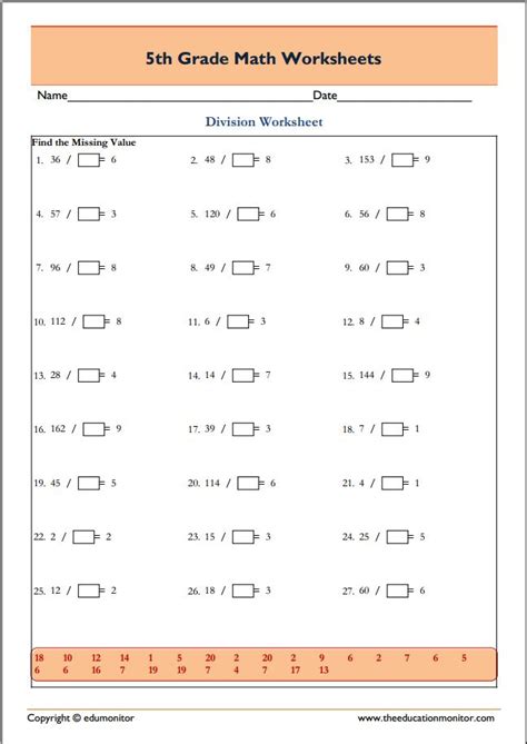 5 grade math worksheets division