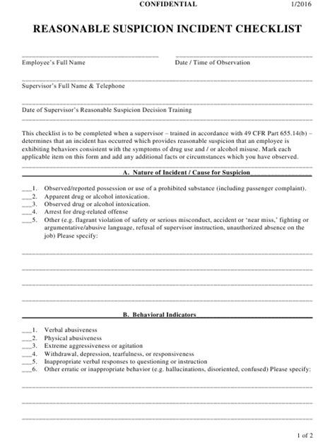 Ohio Reasonable Suspicion Incident Checklist Download Printable Pdf