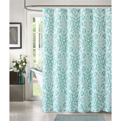 100 Cotton Teal And White Fabric Shower Curtain Medallion Design 72