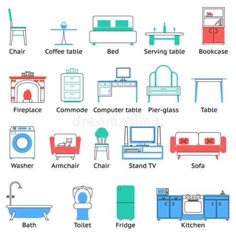 Muebles, planta en color vector. Iconos De Los Muebles Y Sistema De Símbolos Planos Para El ...