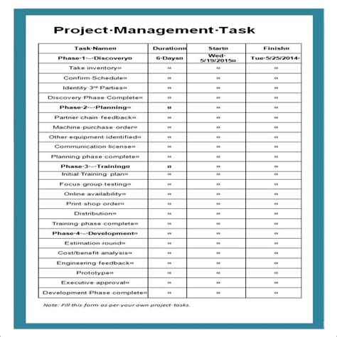 Project Management Task List Task List Templates