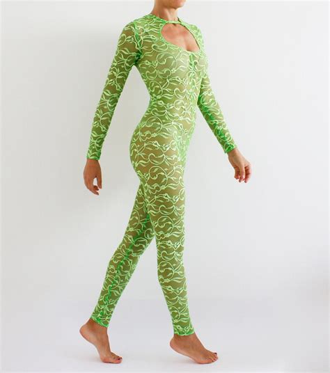 See Through Sheer Lace Catsuit Dance Neon Green Jumpsuit Etsy