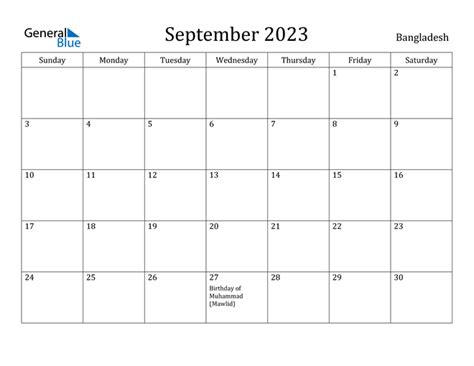 September 2023 Calendar With Bangladesh Holidays