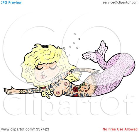 Clipart Of A Textured Tattooed Topless Pink Blond White Mermaid