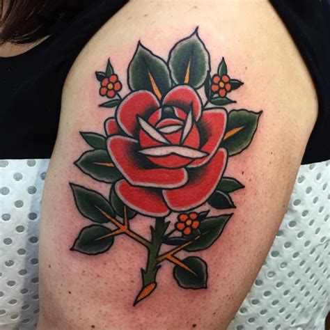 Red Rose With Leaves Tattoo