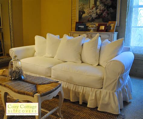 Custom pottery barn basic loveseat and 3 seater with contrast cording and corner pleats. Cozy Cottage Slipcovers: Romantic Slipcover