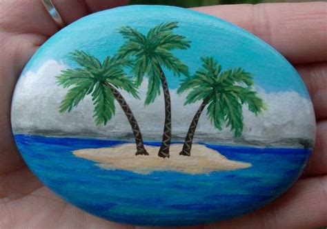 Easy Painted Rocks Idea Beach Scene Palm Trees Sand