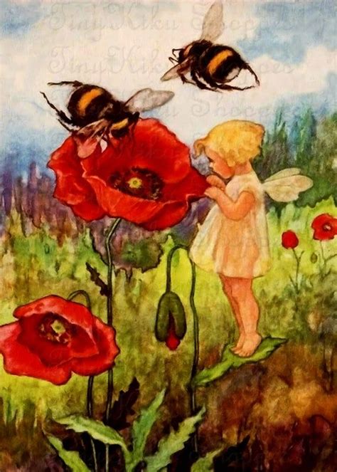 Poppy Fairy With Two Bees Vintage Art Print Fabric Block Etsy Art