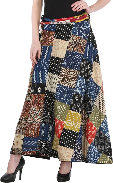 Wrap Around Casual Long Skirt With Printed Patch Work