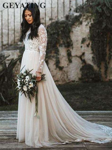 Vintage Ivory Lace Long Sleeves Wedding Dress Boho Applique Tulle Sweep