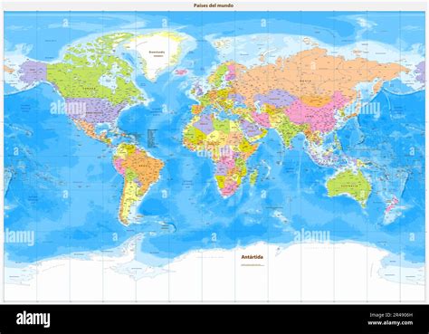 Detailed Political World Map Spanish Language Miller Projection Stock