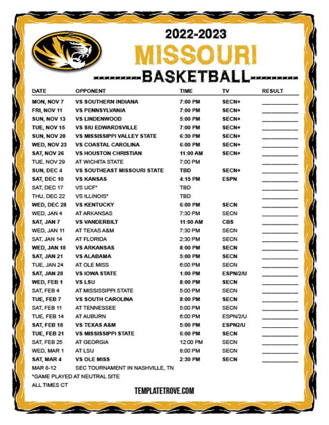 Printable 2022 2023 Missouri Tigers Basketball Schedule