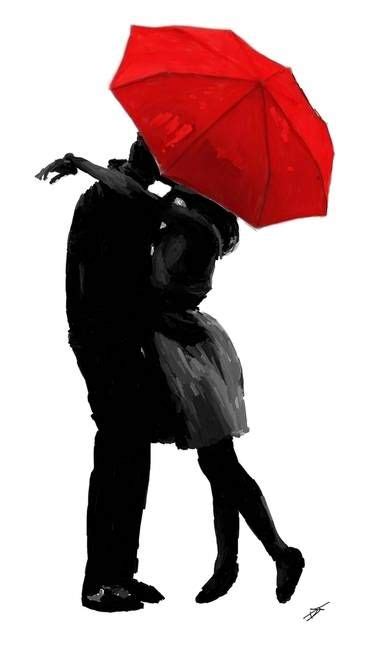 Image Couple Kissing Under Umbrella Silhouette Umbrella Painting