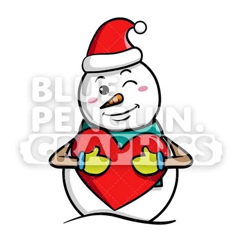 Snowman Hugging A Big Red Heart Vector Cartoon Clipart Etsy
