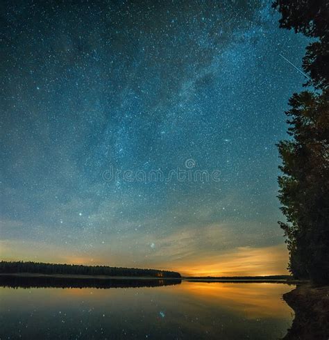 Peaceful Starry Night Sky On The River Landscape Background Estonia