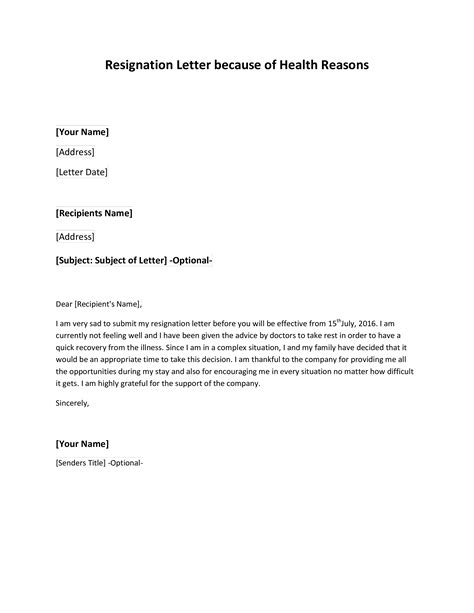 Sample Letter Of Resignation Due To Health Reasons
