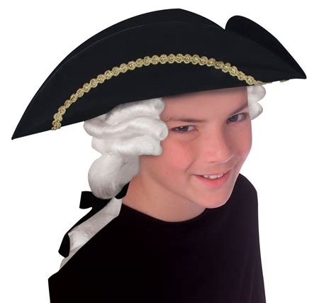 Child Colonial Tricorn Black Hat Wig White George Washington Boys