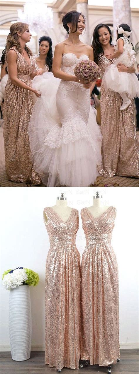 Rose Gold Sequins Long Bridesmaid Dress V Neck Long Bridesmaid Dress