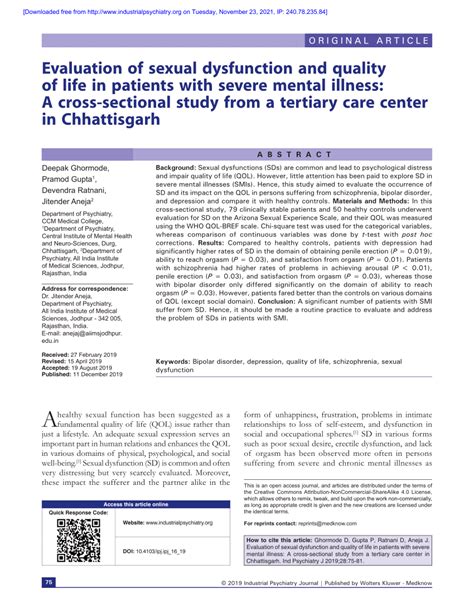 Pdf Evaluation Of Sexual Dysfunction And Quality Of Life In Patients