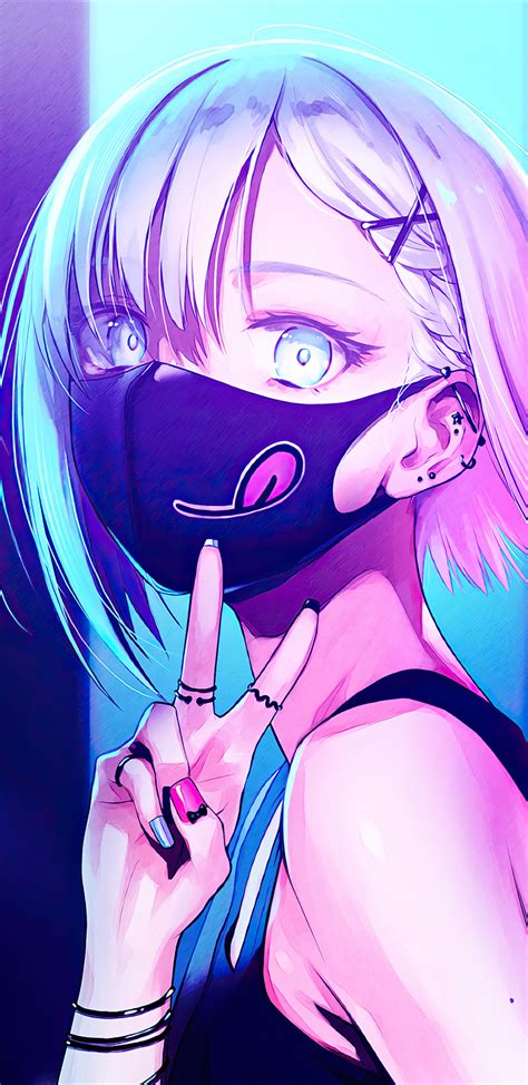 1440x2960 Anime Girl City Lights Neon Face Mask 4k Samsung