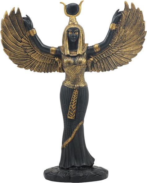 Egyptian Goddess Isis Statue Black And Gold Figurine Holding Shield 12