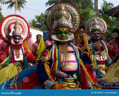 Classical Kathakali Dancers Depicting Hindu Gods Perform In Temple
