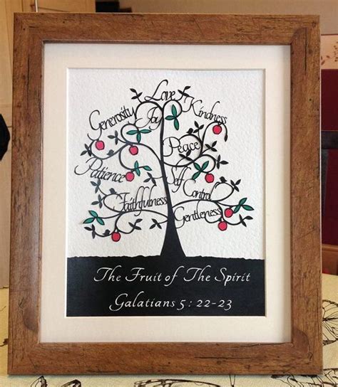 The Fruit Of The Spirit Tree Is Framed In A Wooden Frame On Top Of A Table