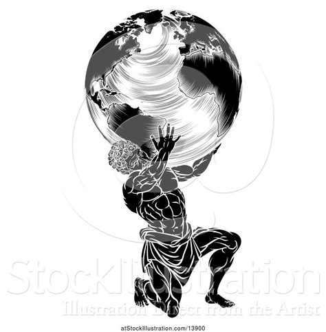 Vector Illustration Of Black And White Atlas Titan Guy Carrying A Globe