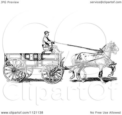 Clipart Of A Retro Vintage Black And White Horse Pulling A Wagon