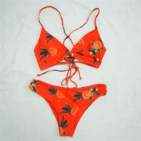 Medium Orange Print Criss Cross Bikini Set Swimsuit On Carousell