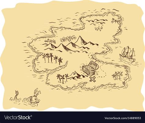 Drawing Sketch Style Illustration Of A Pirate Treasure Map Showing A
