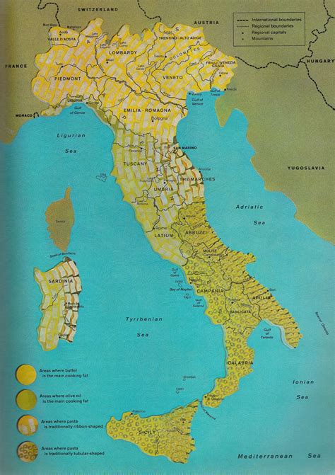 A Map Of Italy With All The Major Cities And Towns In Yellow On Blue Water