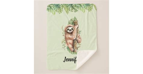 Cute Watercolor Sloth And Tropical Leaves Sherpa Blanket Zazzle