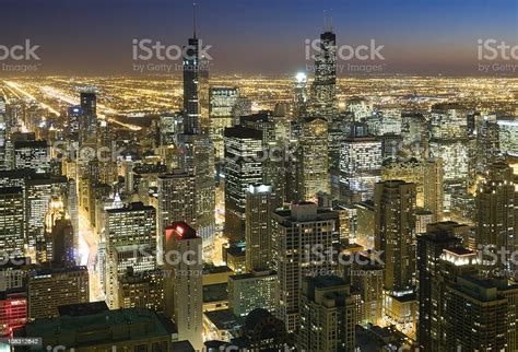 Aerial View Of Downtown Chicago At Dusk Stock Photo Download Image
