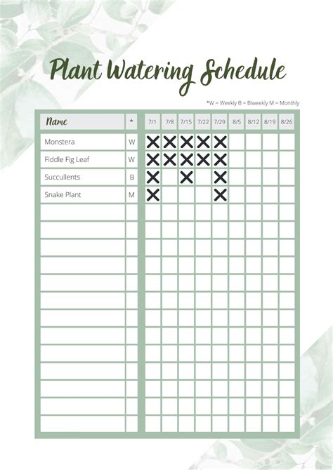 Printable Plant Watering Schedule Printable World Holiday