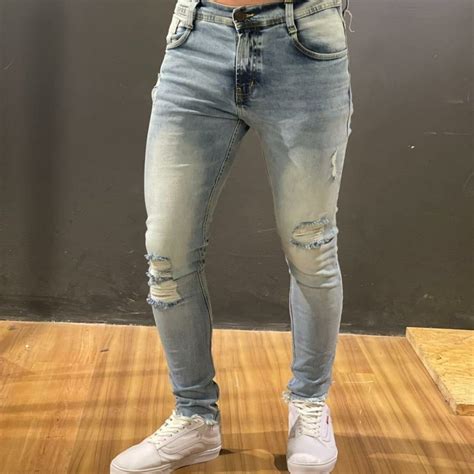 Calça Jeans Masculina Skinny Cinza Claro Desfiada Sem Bainha Mercado Livre