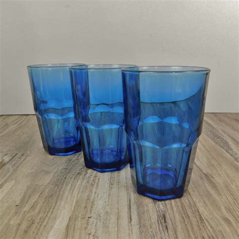 3 Blue Glass Tumblers Crisa By Libbey 16oz Paneled Water Or Iced Tea Glasses 90s Vintage Glass