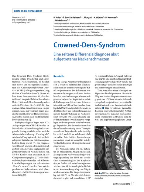 Pdf Crowned Dens Syndrome A Rare Differential Diagnosis Of Acute